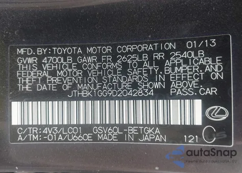 2013 Lexus Es 350 z USA, uszkodzony, nr VIN JTHBK1GG9D2042834